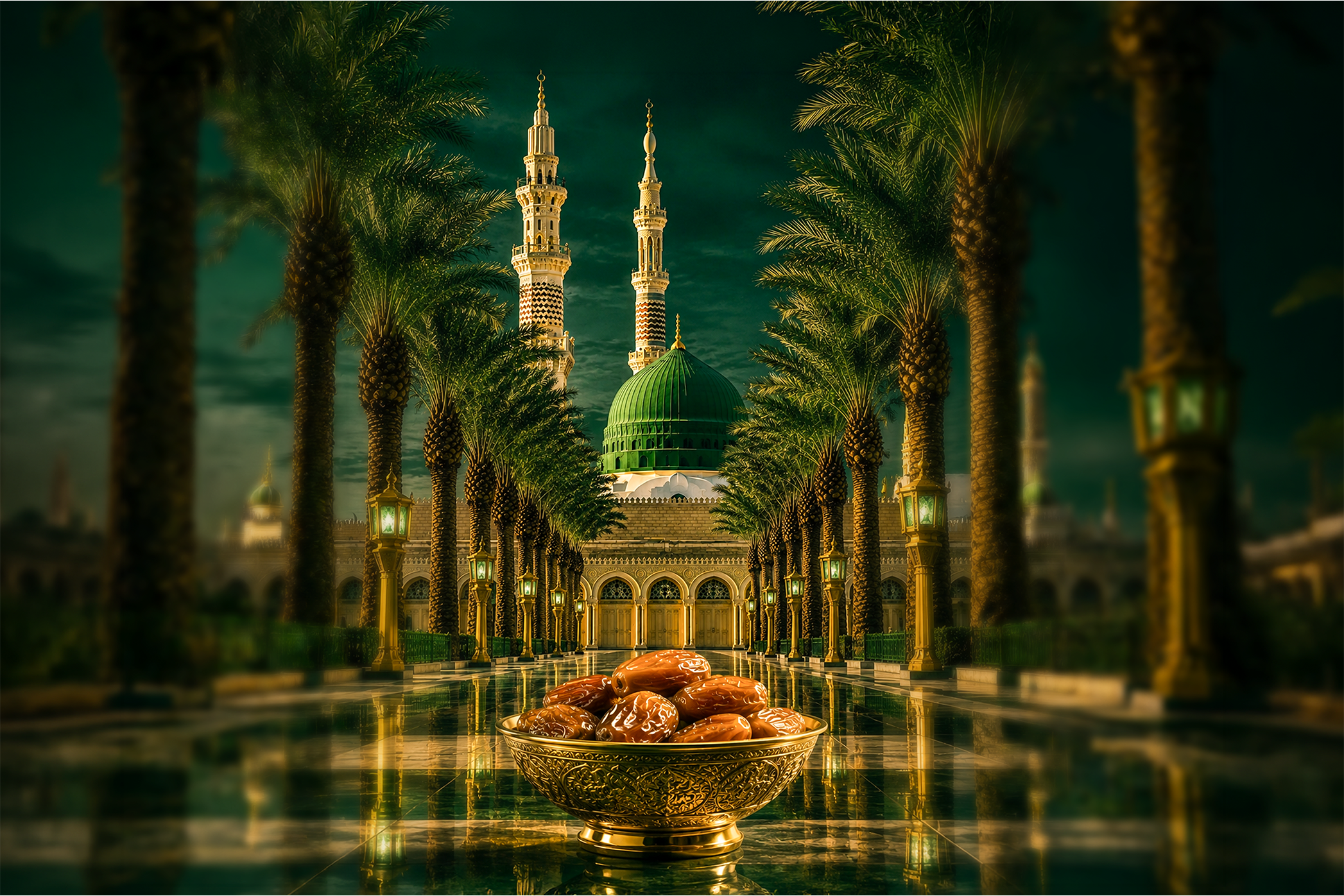 Premium dates on an ornate tray with traditional Arabian decor